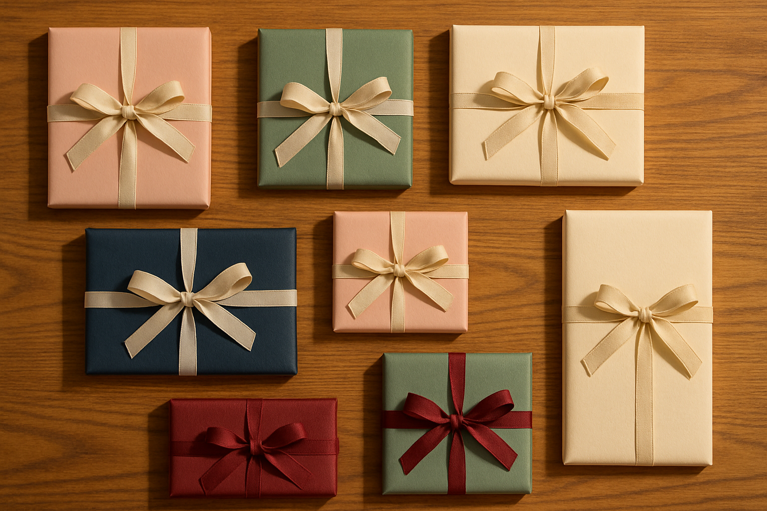 a table with flat gift packages