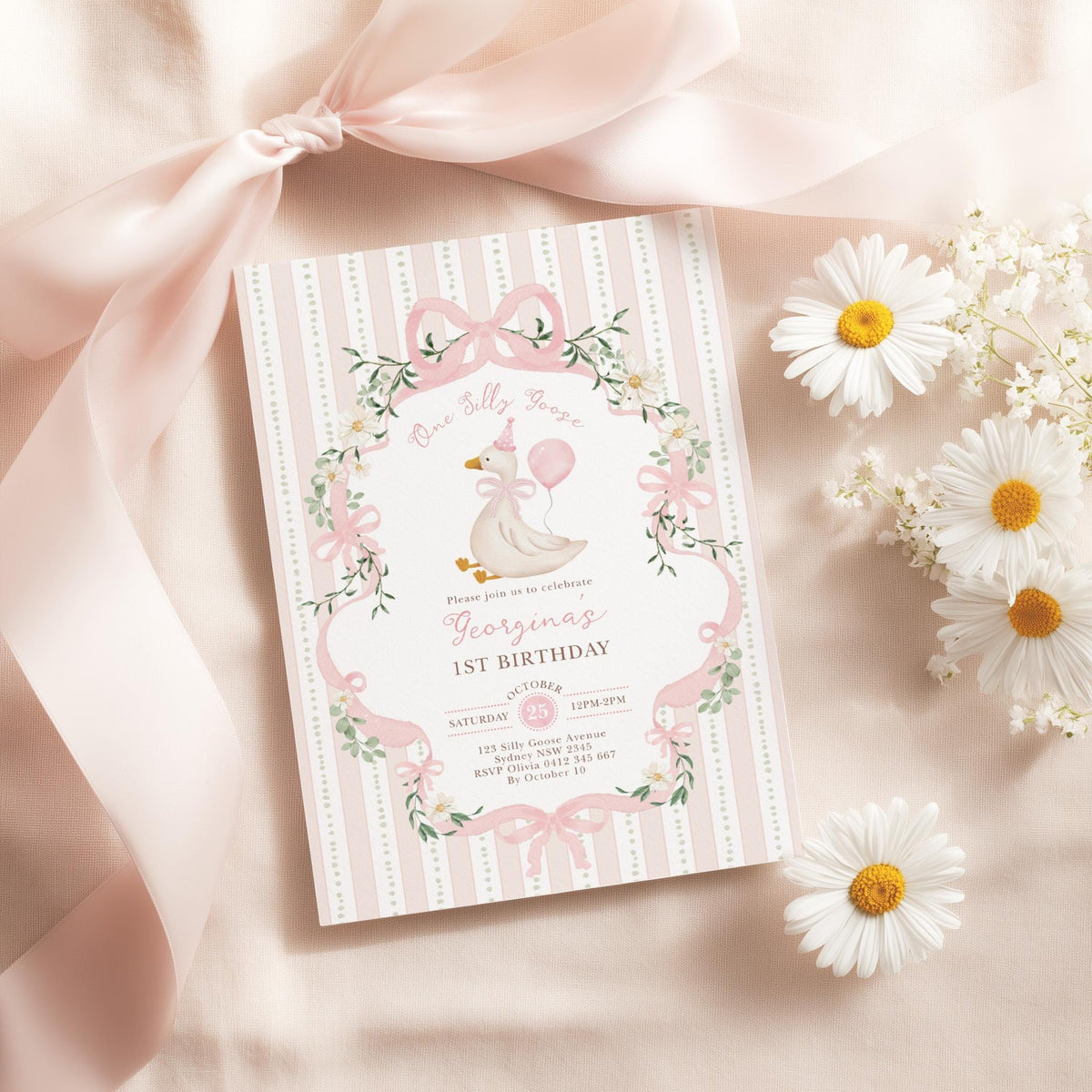 One Silly Goose 1st Birthday Invitation | Pink Bow Editable | CORJL