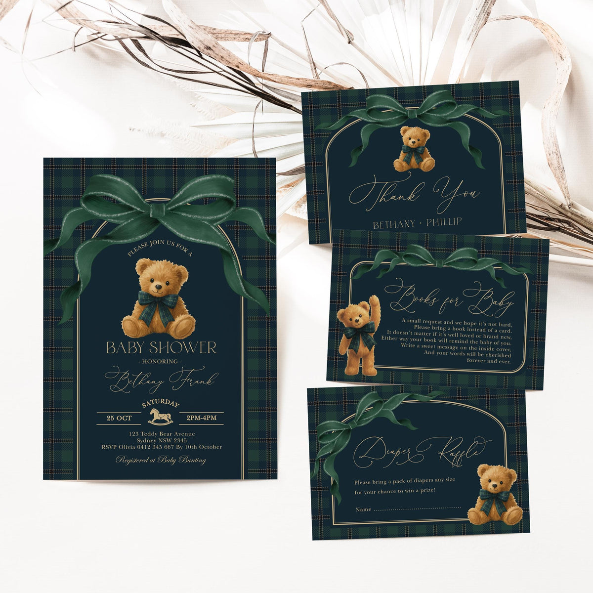 Navy Plaid Teddy Bear Baby Shower Invitation Bundle | Editable Corjl | Blue Bunny Printables