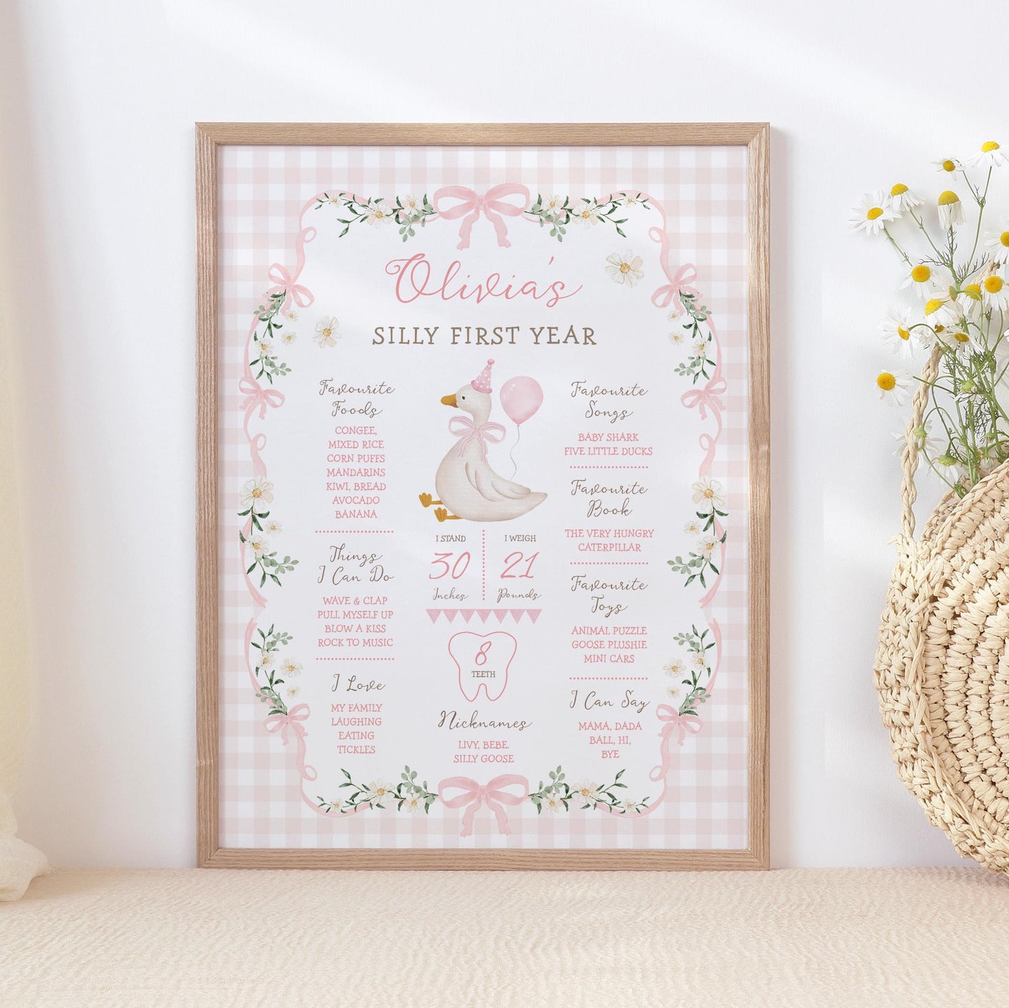 Pink Silly Goose My First Year Milestone Sign | Editable Corjl Template 16x20