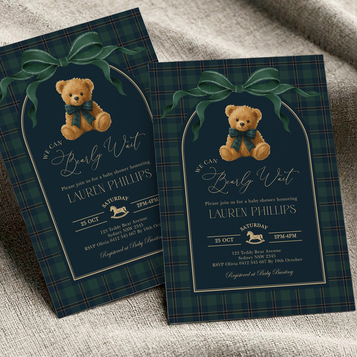 Green Bow Teddy Bear Baby Shower Invitation | Editable CORJL