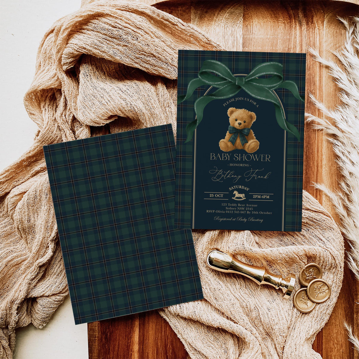 Navy Plaid Teddy Bear Baby Shower Invitation Bundle | Editable Corjl | Blue Bunny Printables