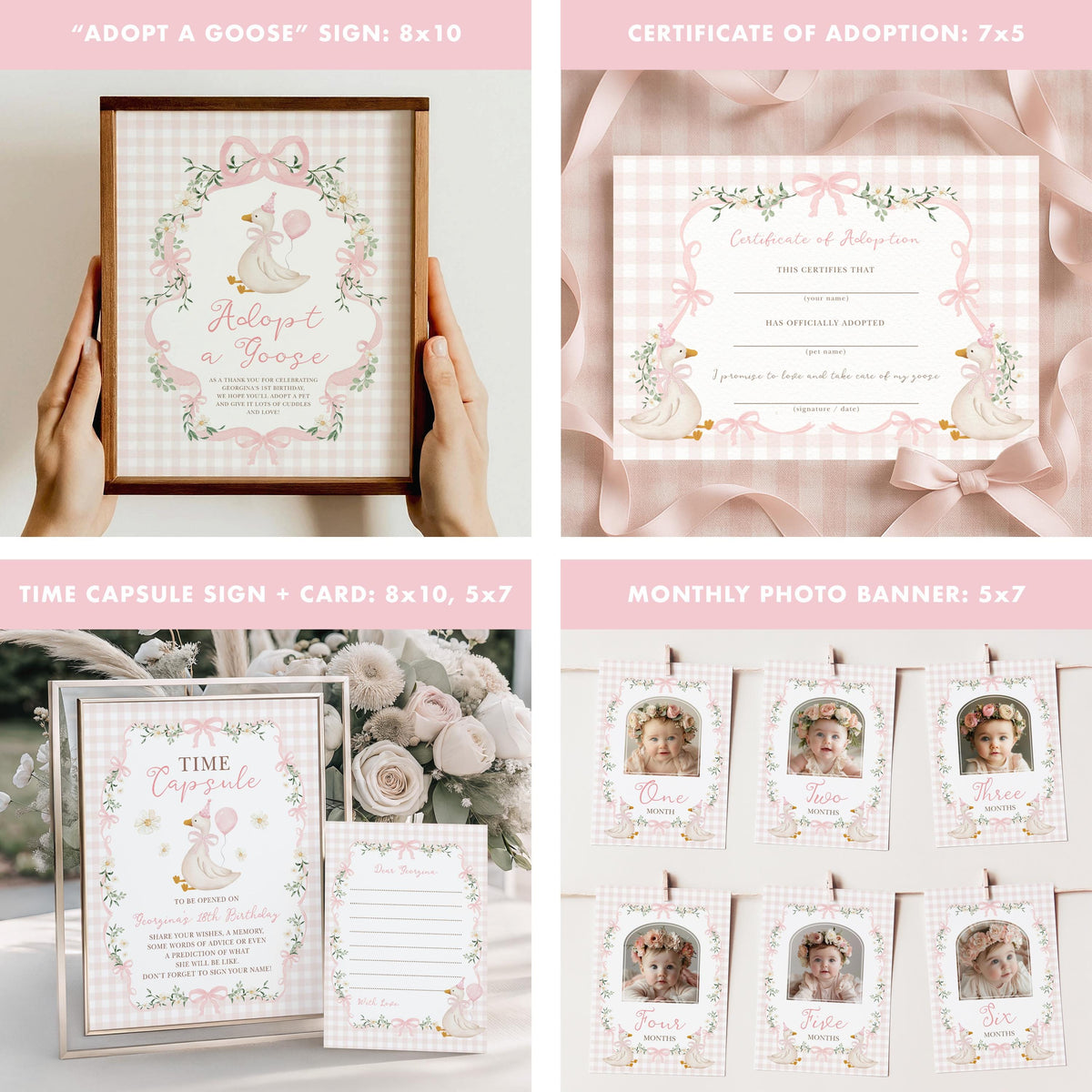 One Silly Goose Pink Gingham Birthday Bundle | Editable Corjl Templates
