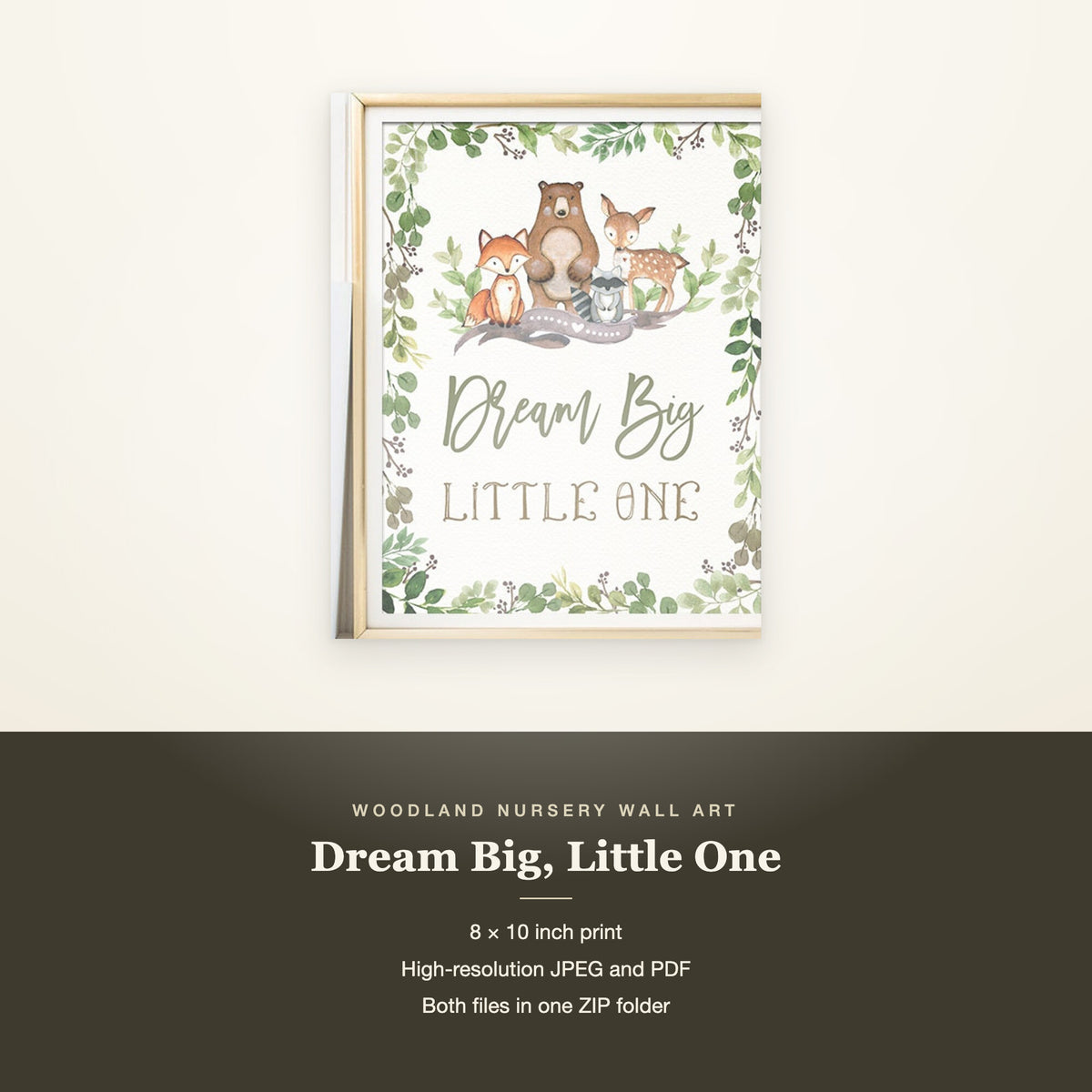Dream Big nursery print with its 8 x 10 inch size and JPEG and PDF file formats listed