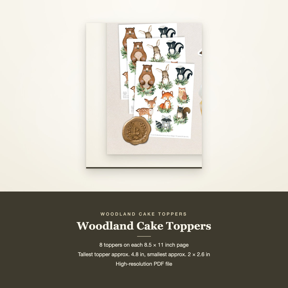 Woodland cake topper sheet with a band listing 8 toppers per 8.5x11 page