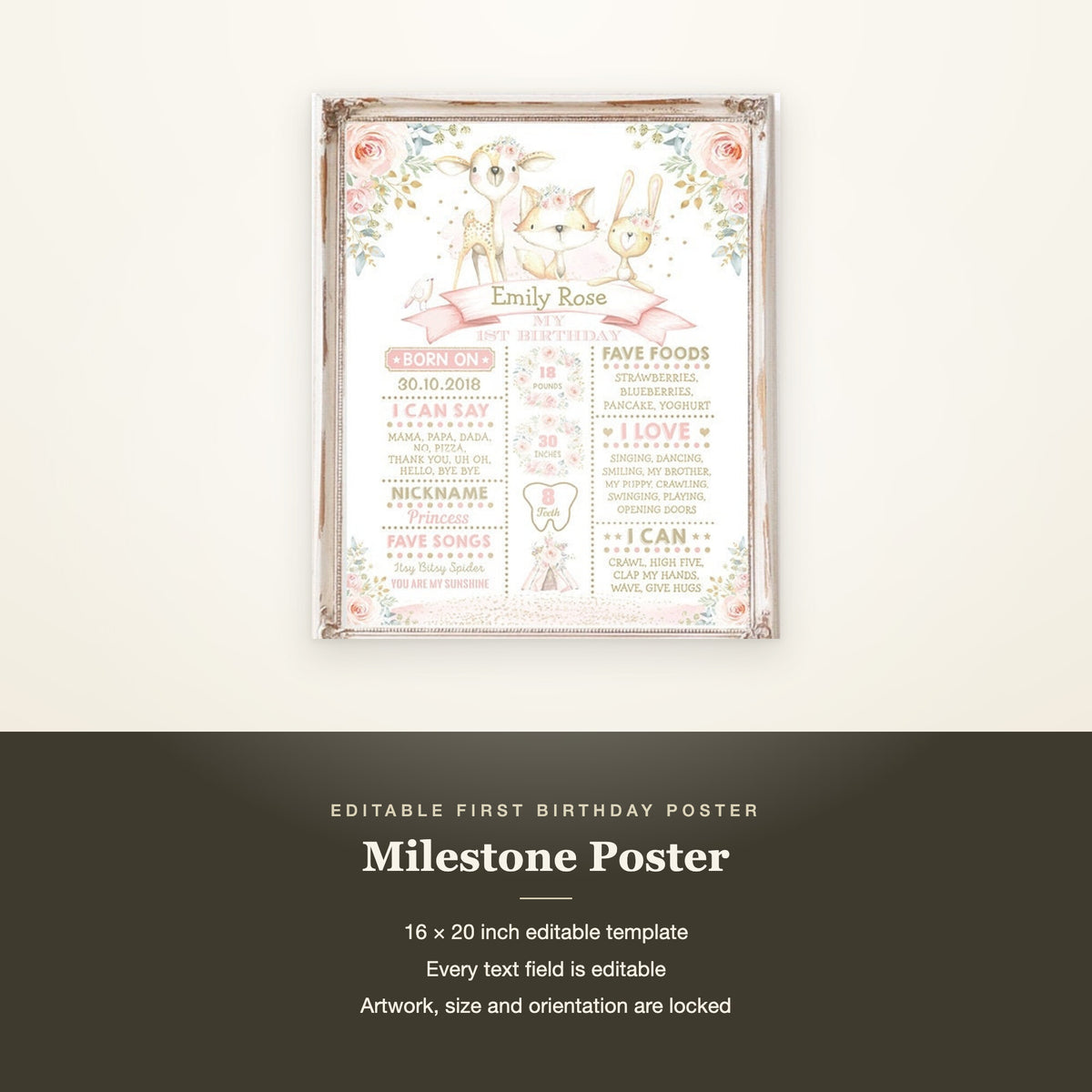 Woodland milestone poster laid out with its 16 x 20 inch editable template details