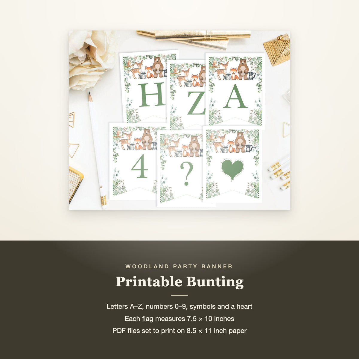 Woodland bunting flags with the letters, numbers, flag size and paper size listed
