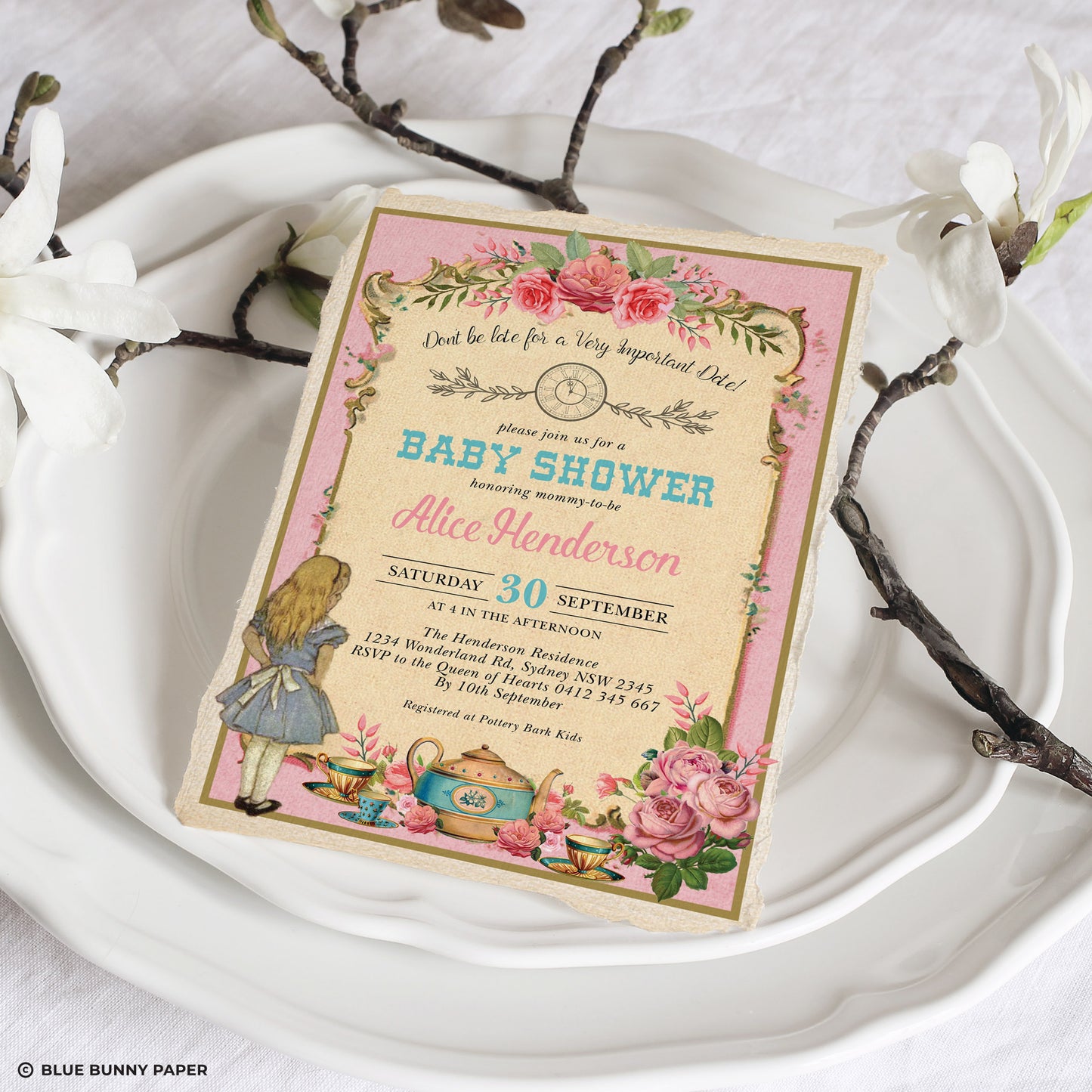 Alice Wonderland Pink Baby Shower Invitation