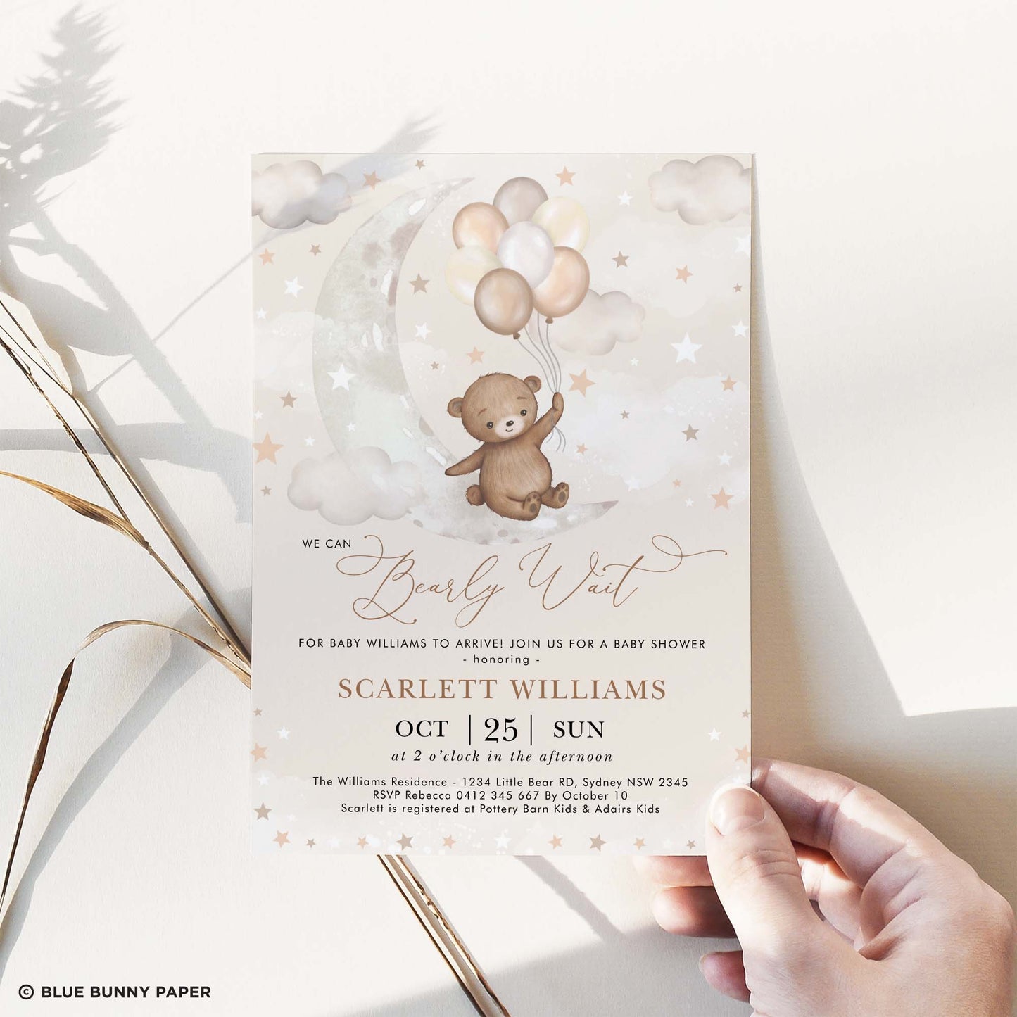 Moon & Stars Teddy Baby Shower Invitation