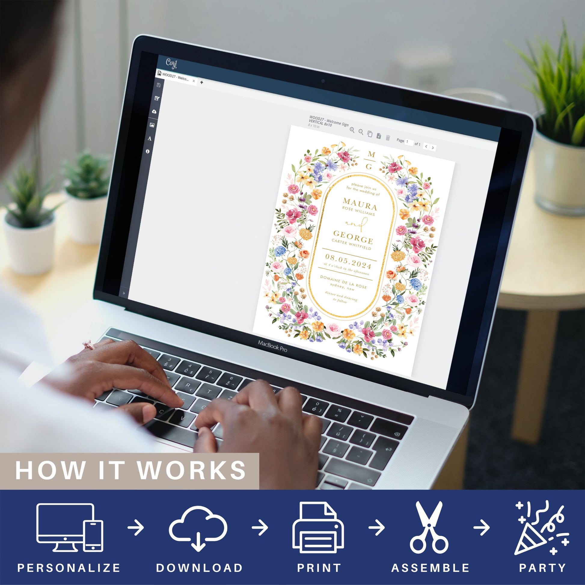 Editing the Wedding Invitation Template on a laptop