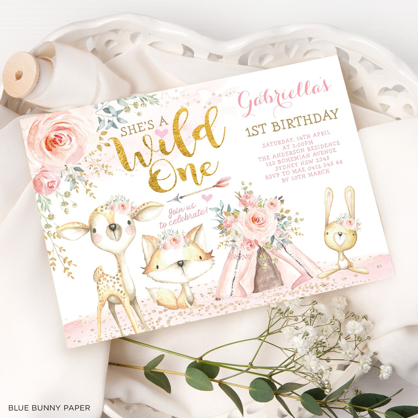 Woodland Wild One Birthday Invitation