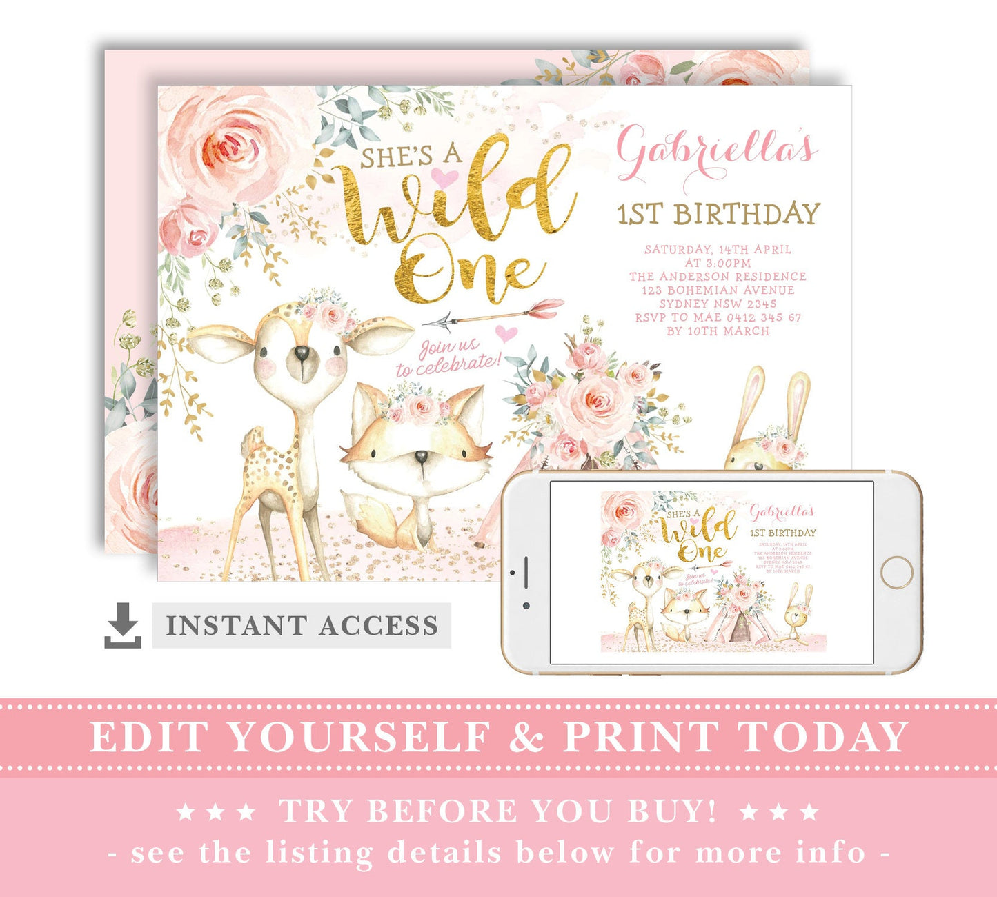 Woodland Wild One Birthday Invitation