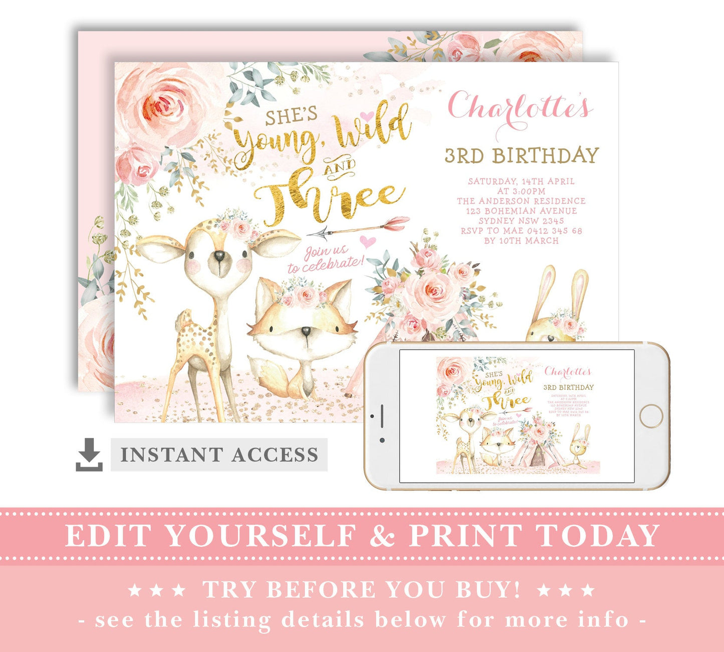 Young Wild and Three - Birthday Invite