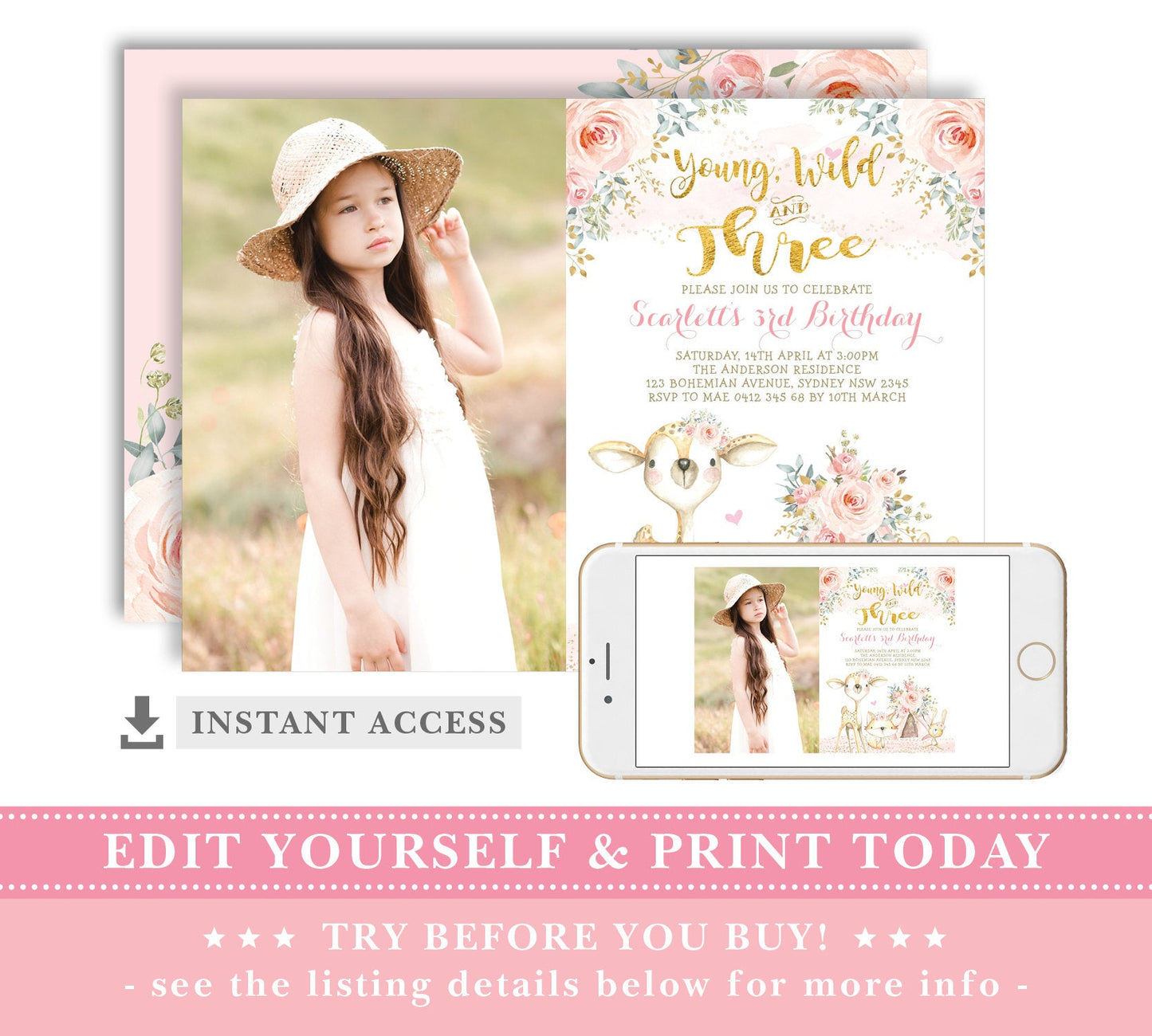Young Wild and Three - Birthday Invite
