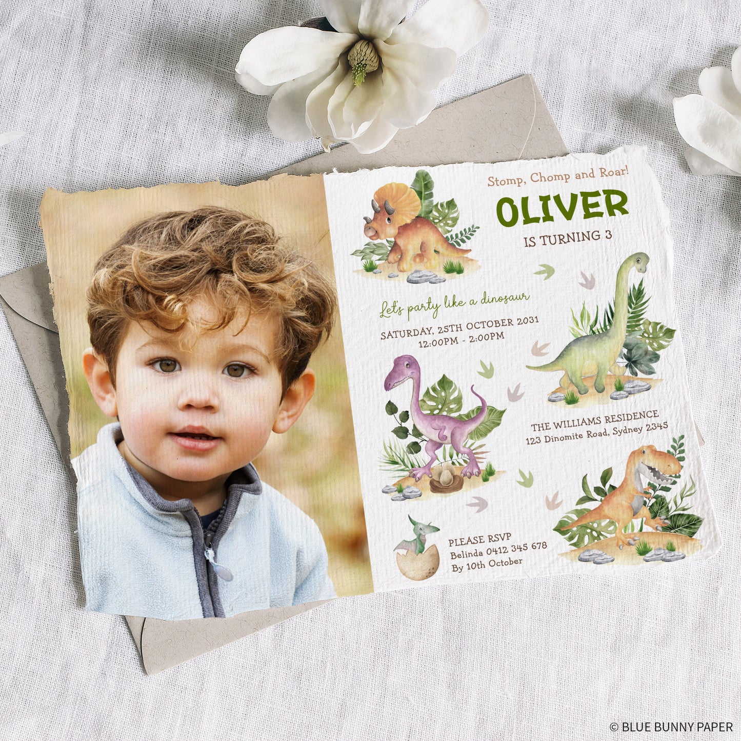 Dinosaur themed Birthday invitation with envelope
