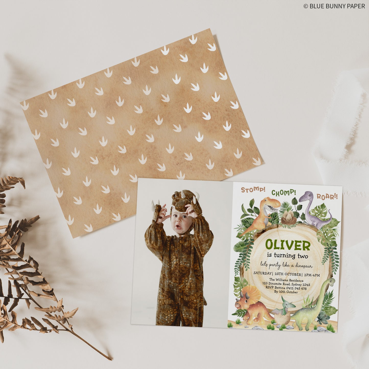 Dinosaur Birthday Photo Invitation with backside