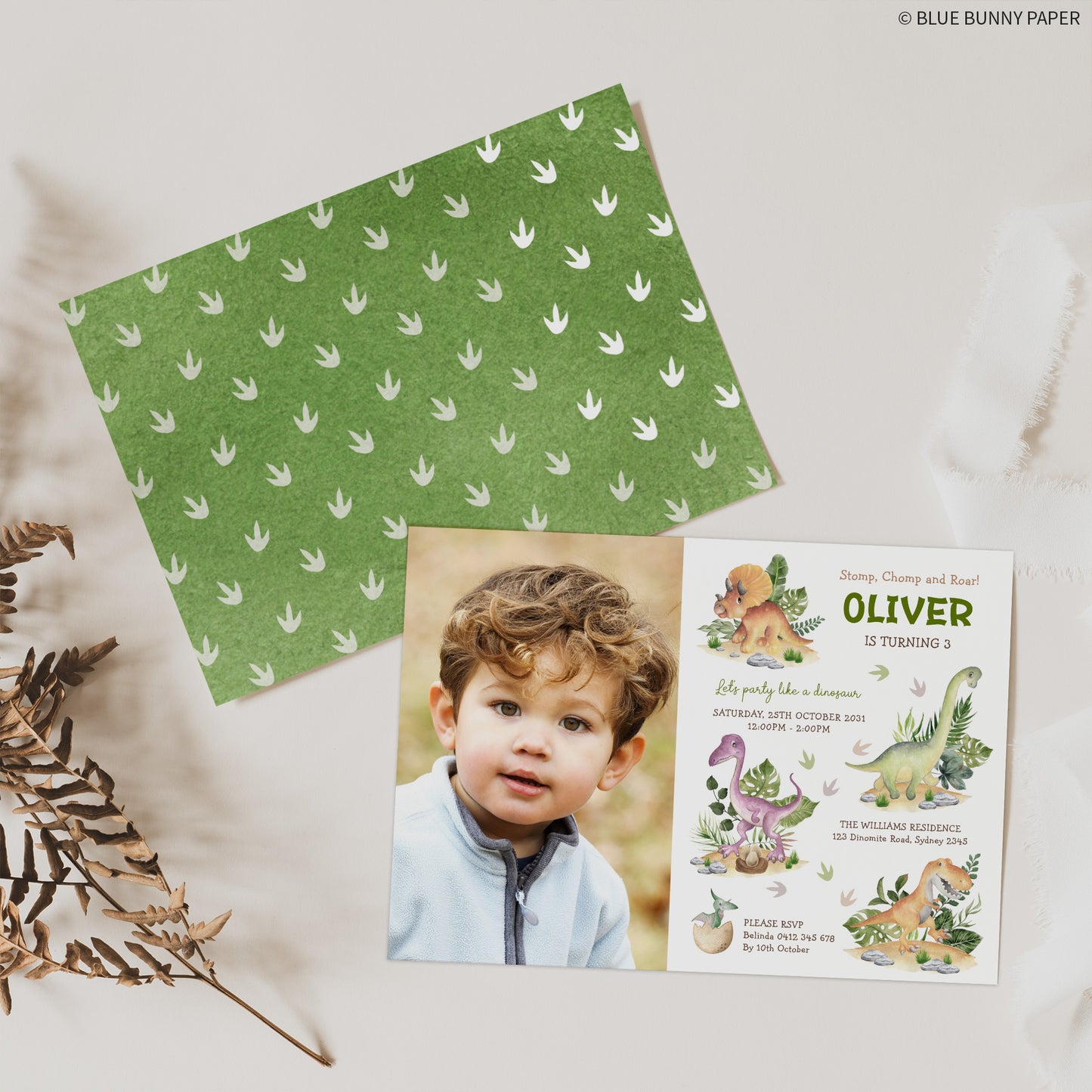 Dinosaur Birthday Photo Invite with backside