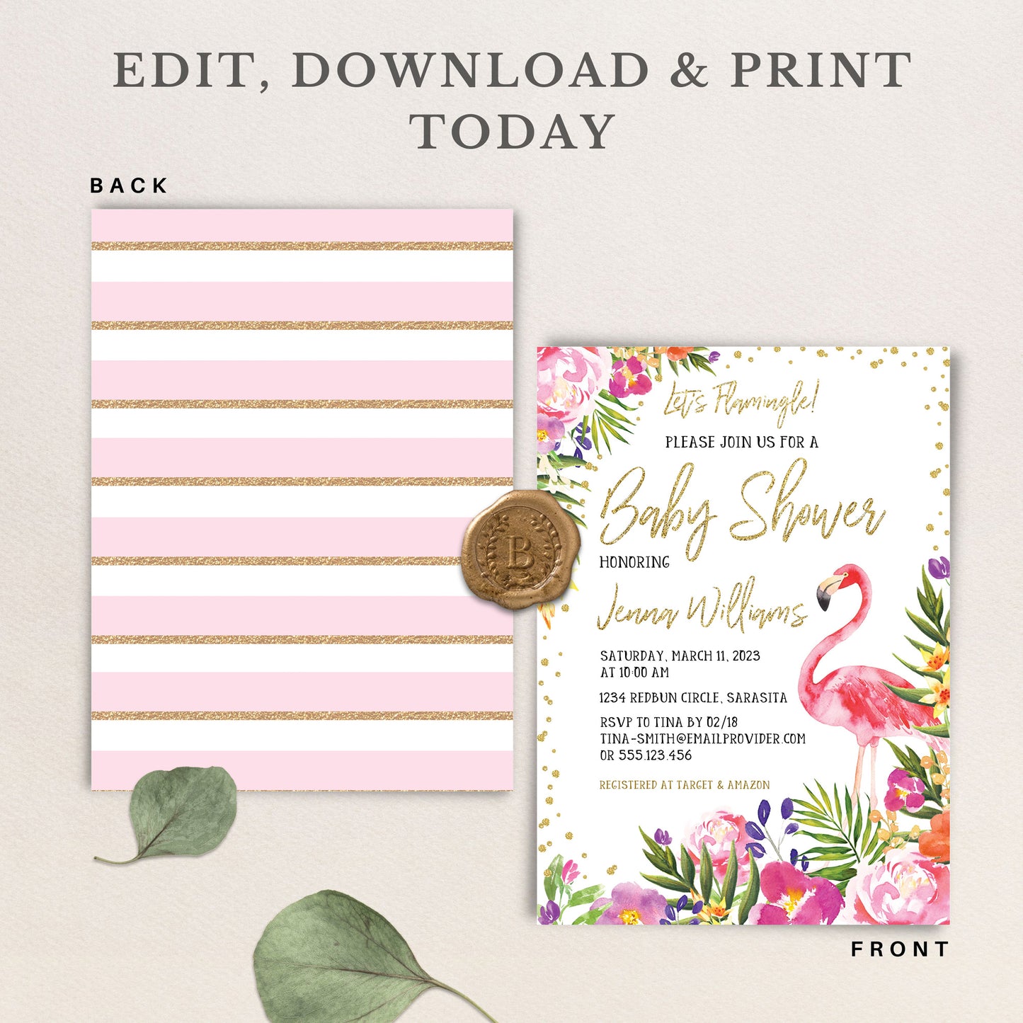 baby shower invitation and backside with flamingo design