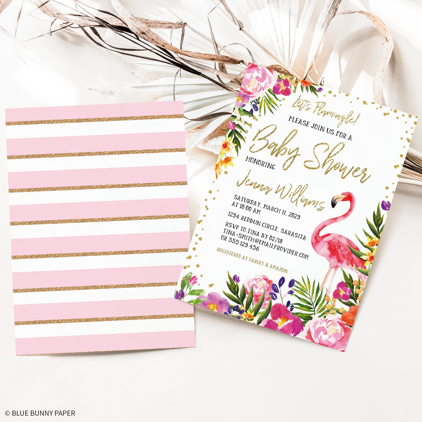 Flamingo Baby Shower Invitation with backside