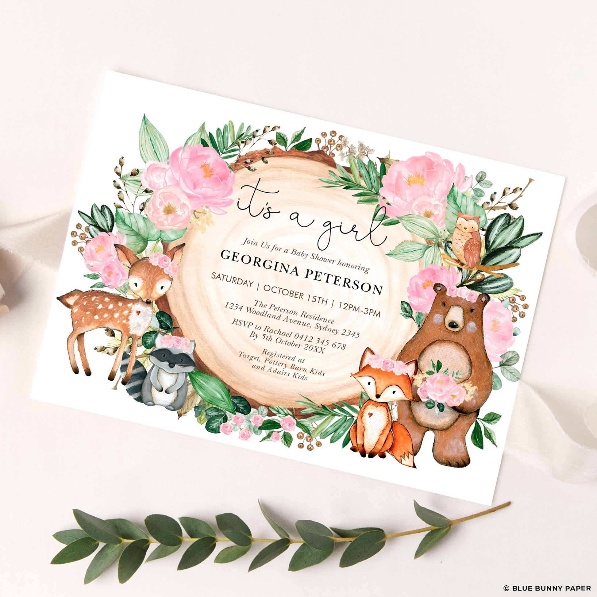Girl Woodland Themed Baby Shower Invitation