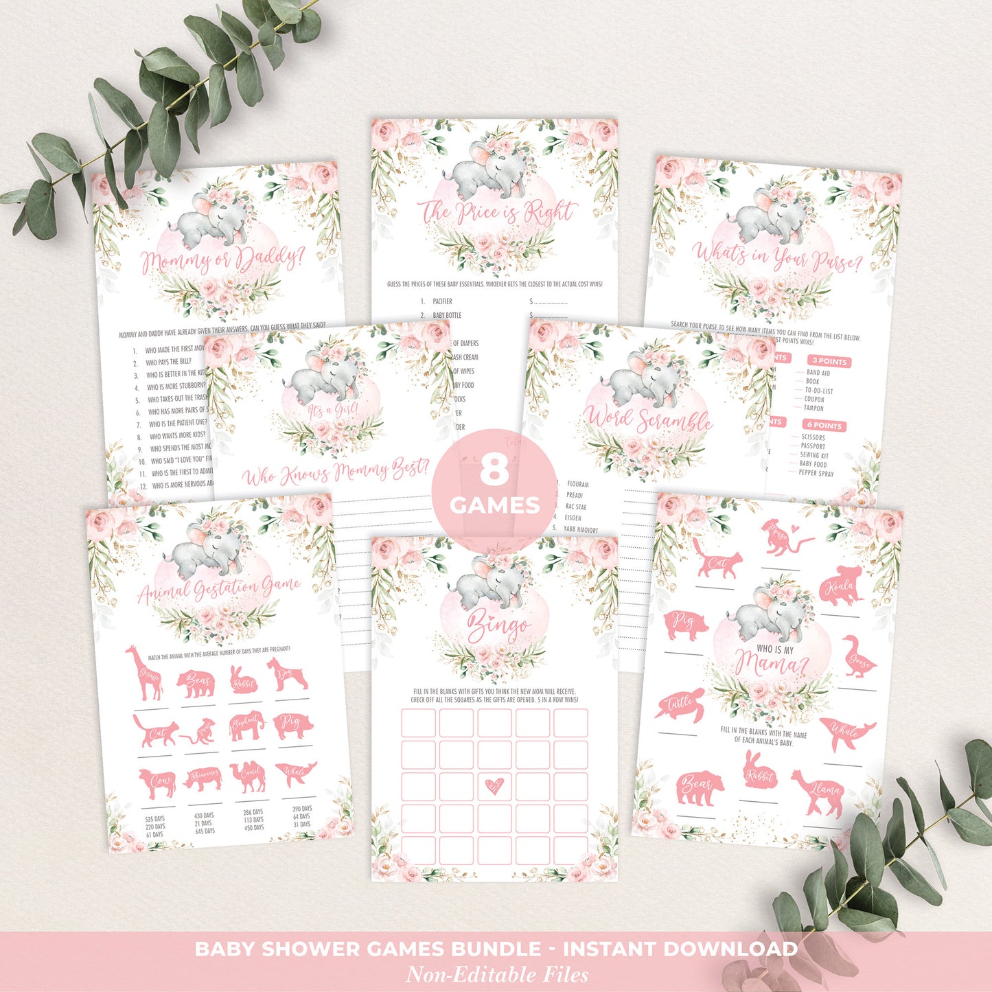 Girl Elephant Baby Shower Games Package