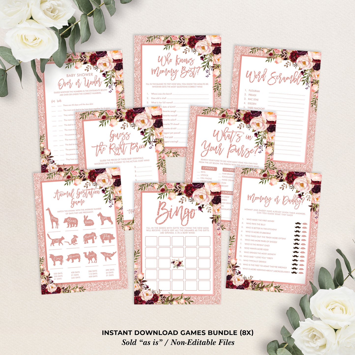 Rose Gold Baby Shower Games Bundle