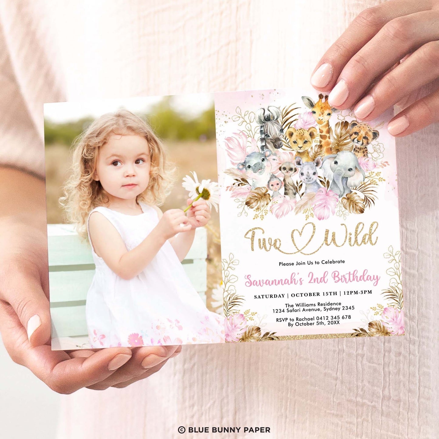 Two Wild Pink Safari Birthday Photo Invitation