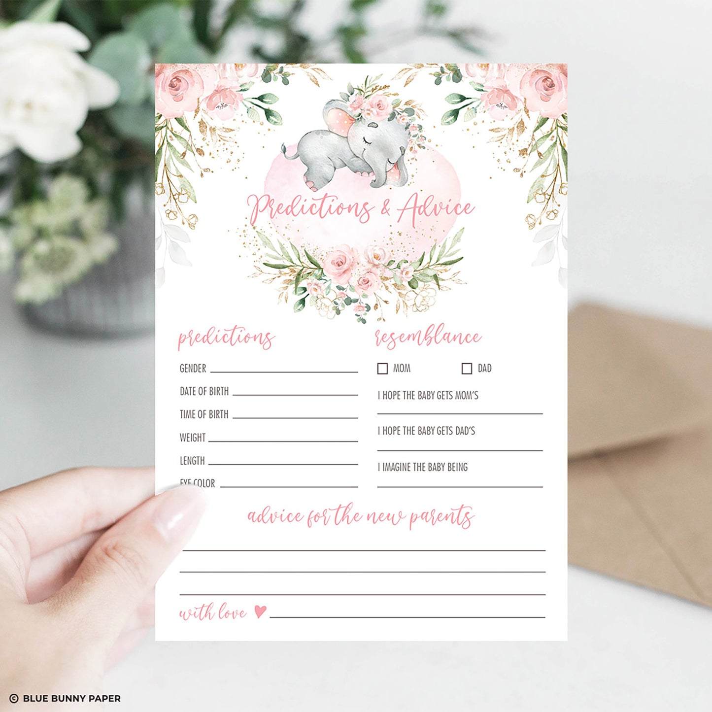 Girl Elephant Predictions & Advice Baby Shower Game