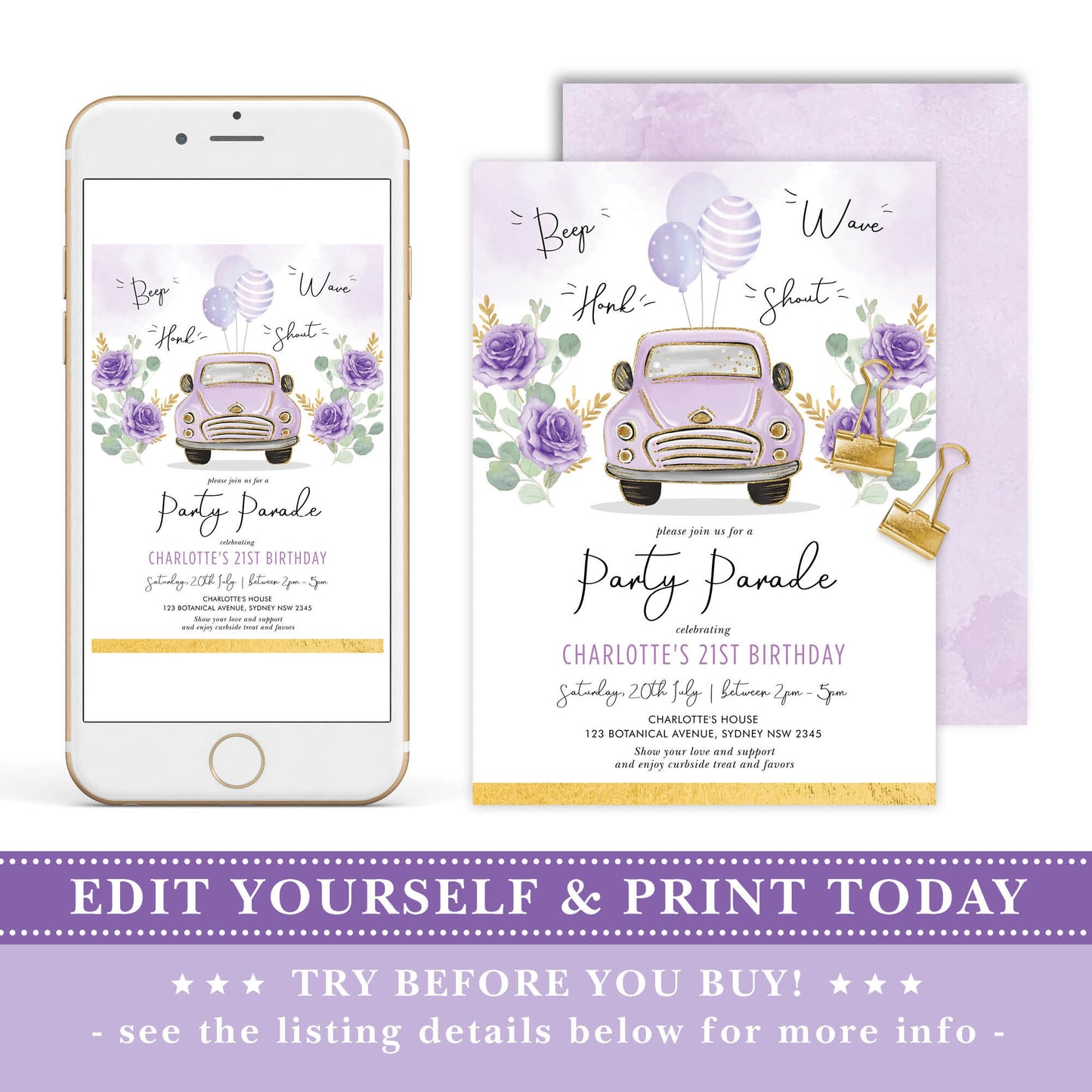 Purple Car Birthday Party Parade Invite