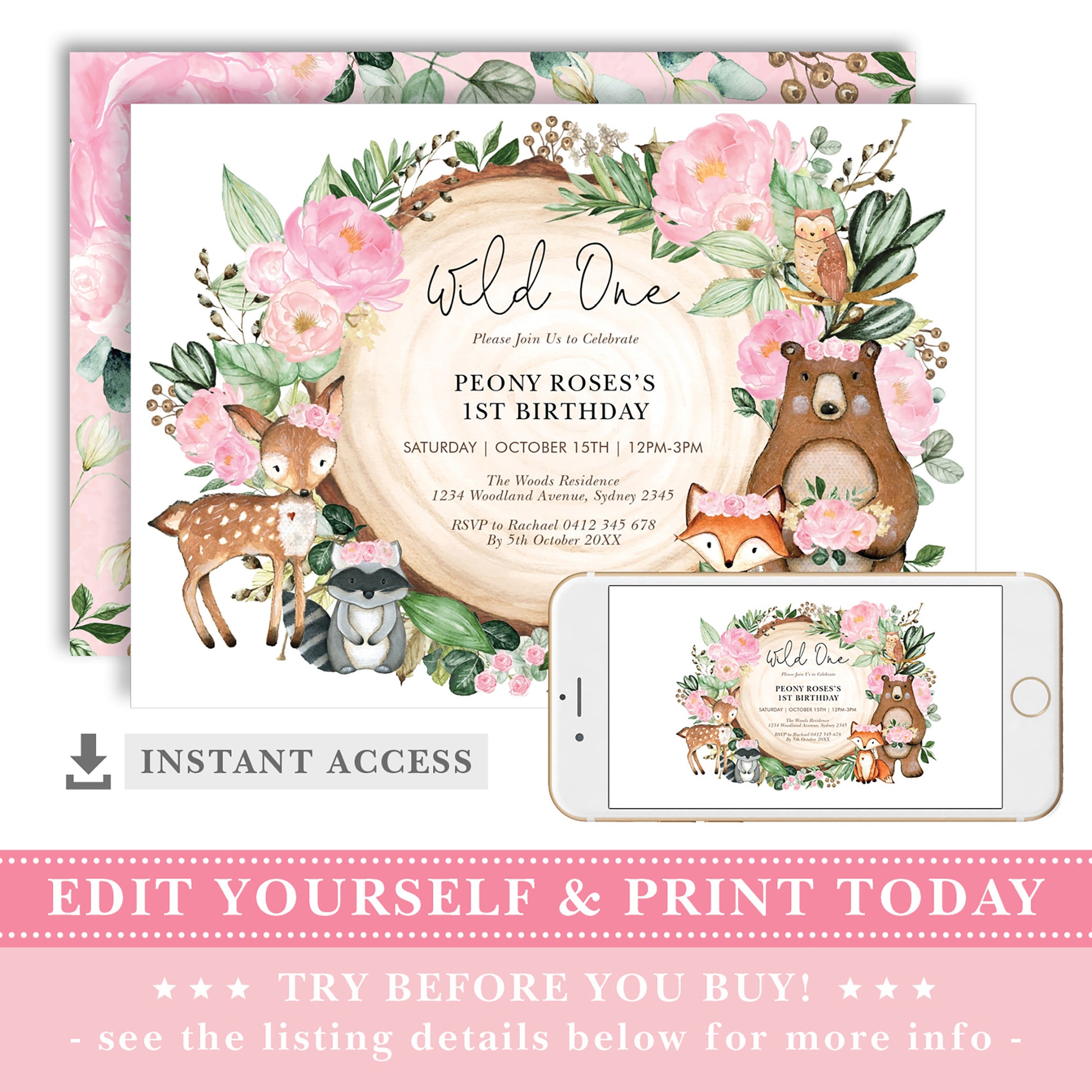 Woodland Wild One Birthday Invite