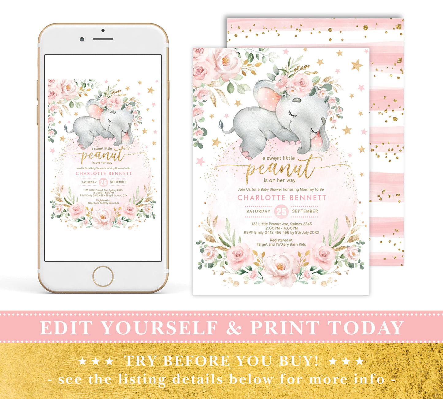 Girl Elephant Baby Shower Invitation