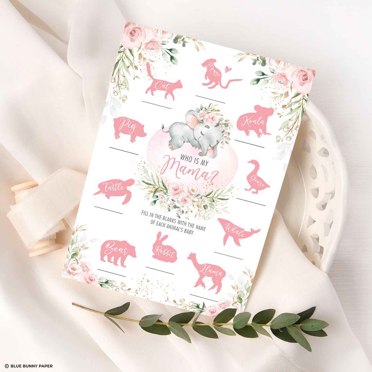 Girl Elephant Who is my Mama Baby Shower Game