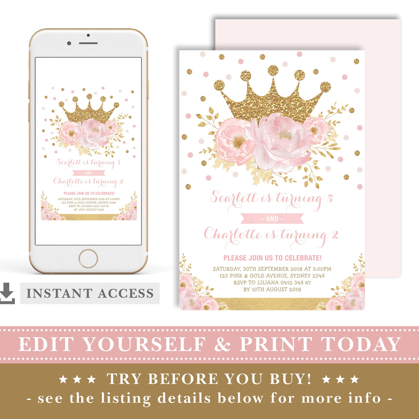 Princess Sibling Birthday Invitation