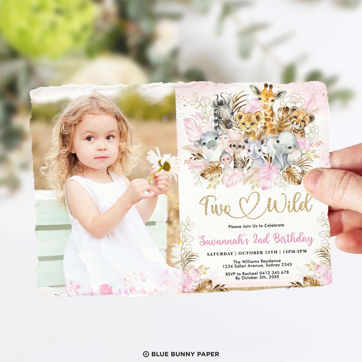 Two Wild Pink Safari Birthday Photo Invitation