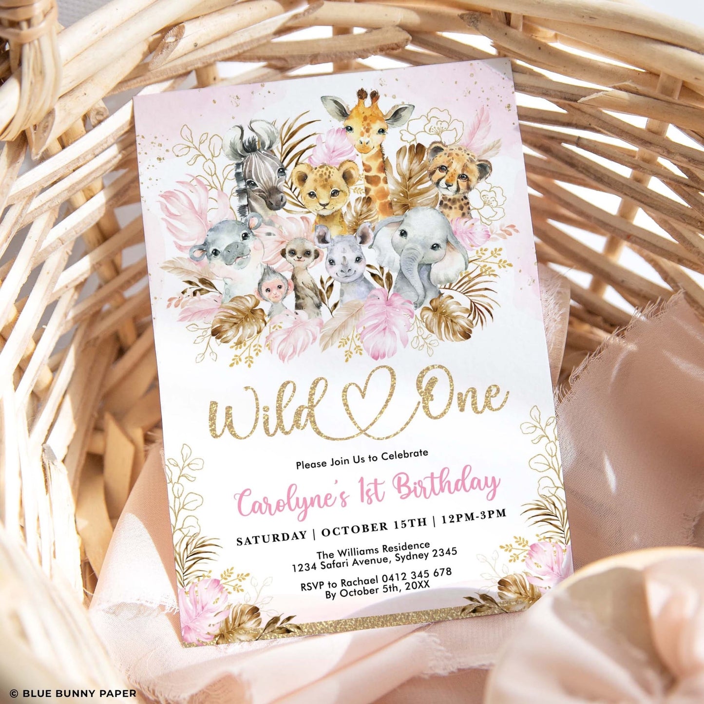 Wild One Pink Safari Birthday Invitation