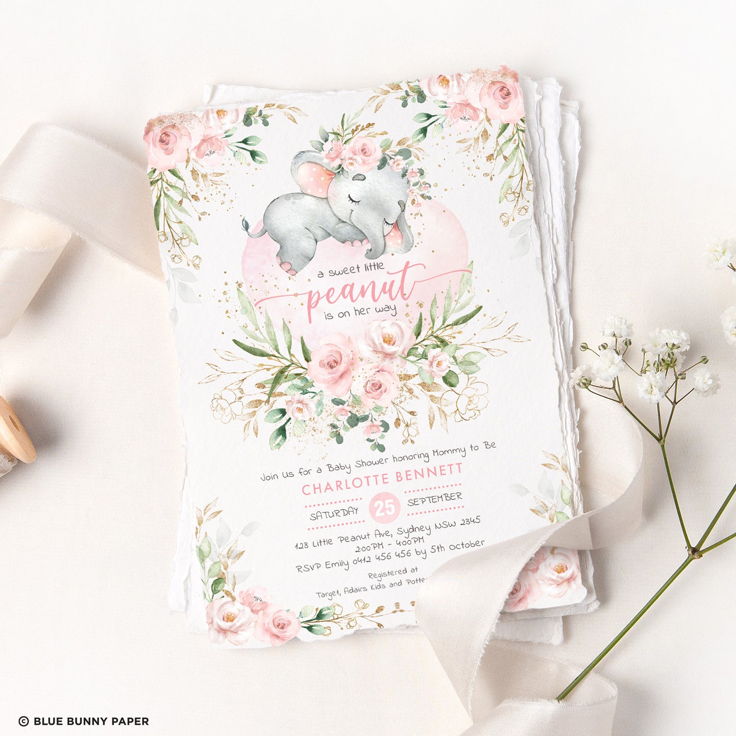 Girl Elephant Baby Shower Invitation