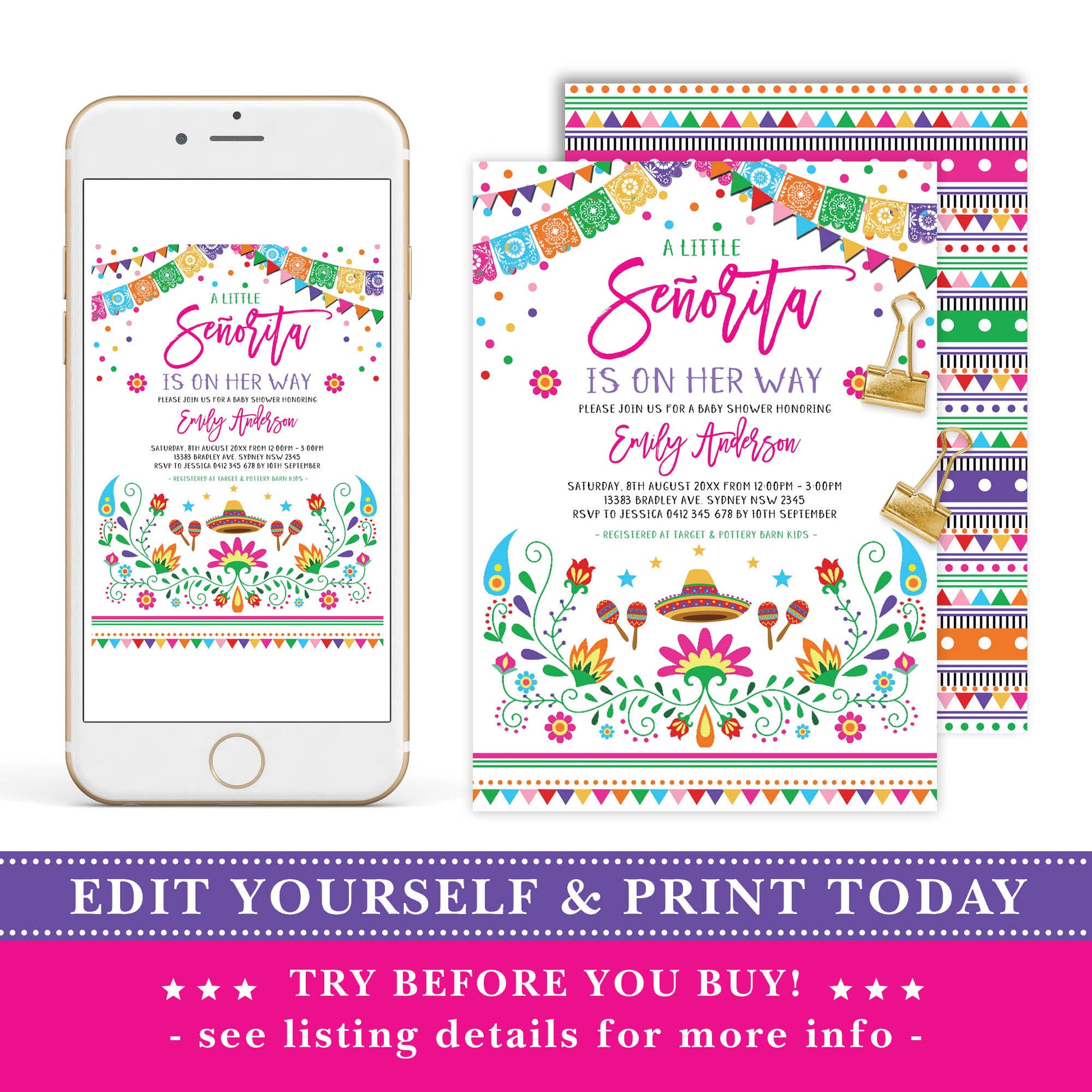 Mexican Fiesta Little Senorita Baby Shower Invite