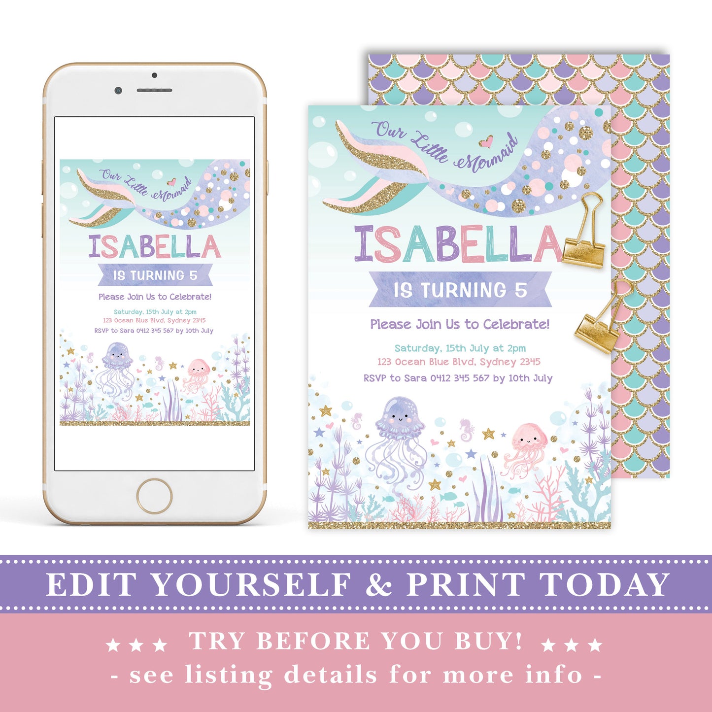 Digital Mermaid Birthday Invitations