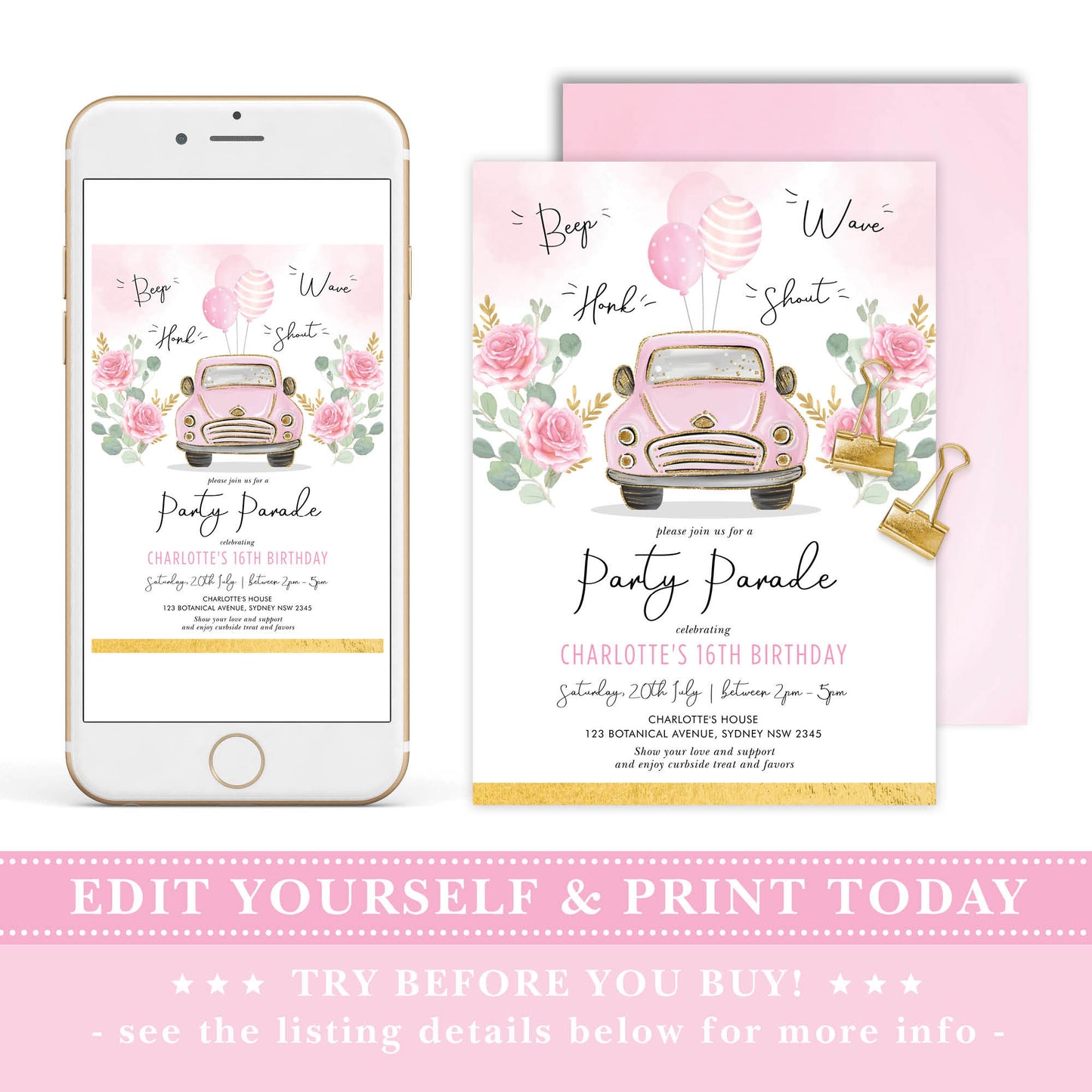 Pink Car Birthday Party Parade Invitation