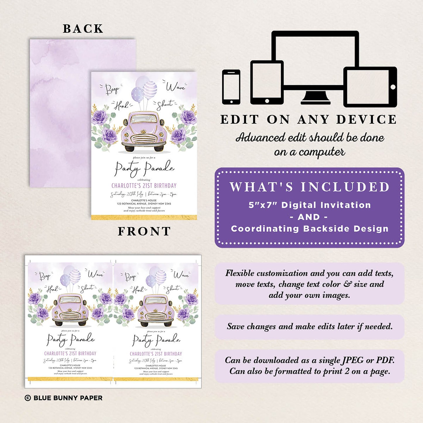 Purple Car Birthday Party Parade Invite