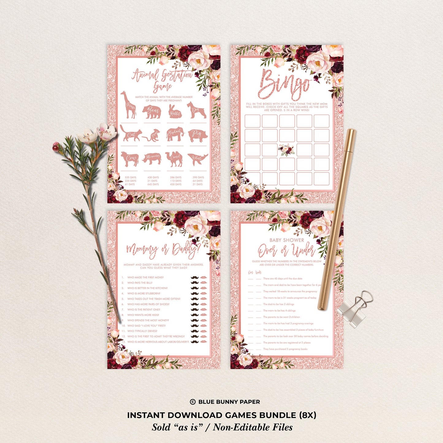 Rose Gold Baby Shower Games Bundle