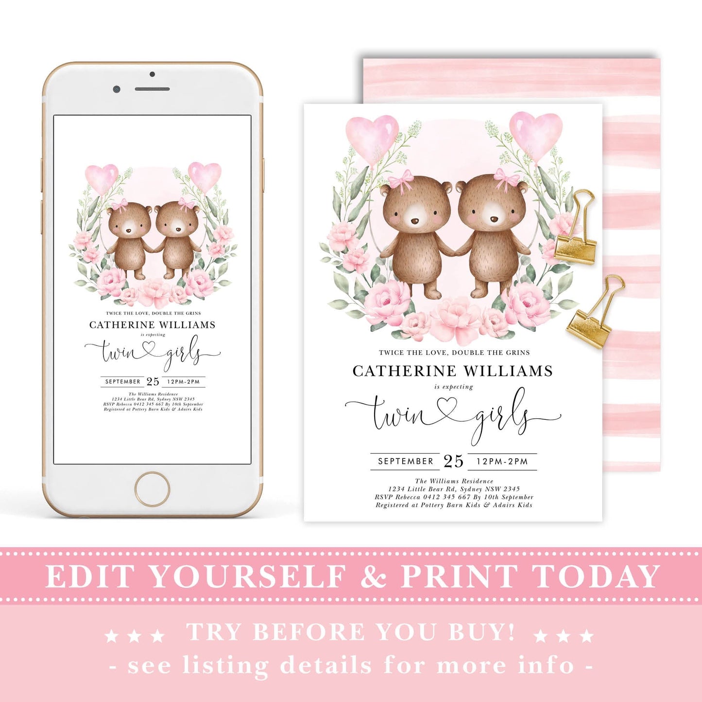 Girl Twins Teddy Bear Baby Shower Invitation