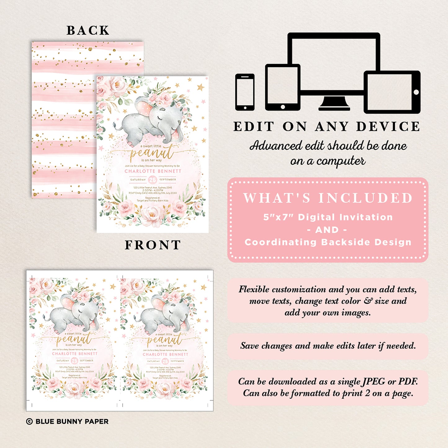 Girl Elephant Baby Shower Invitation