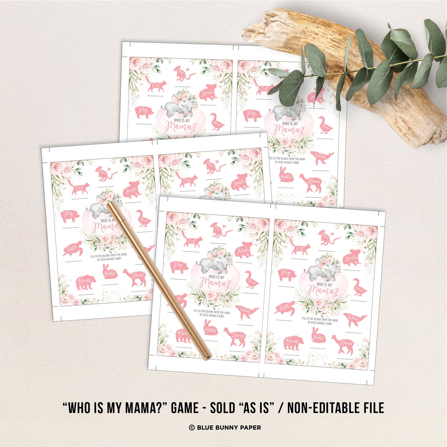 Girl Elephant Who is my Mama Baby Shower Game