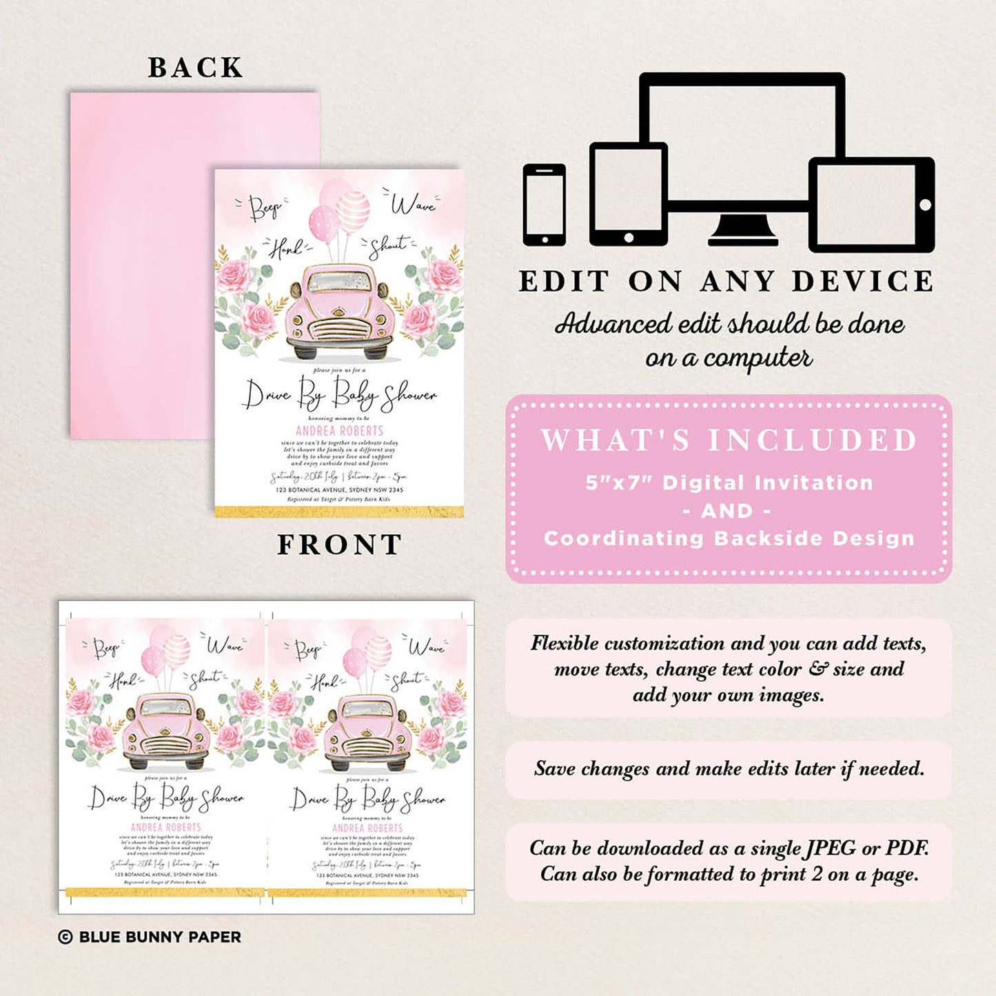 Pink Drive By Baby Shower Invite