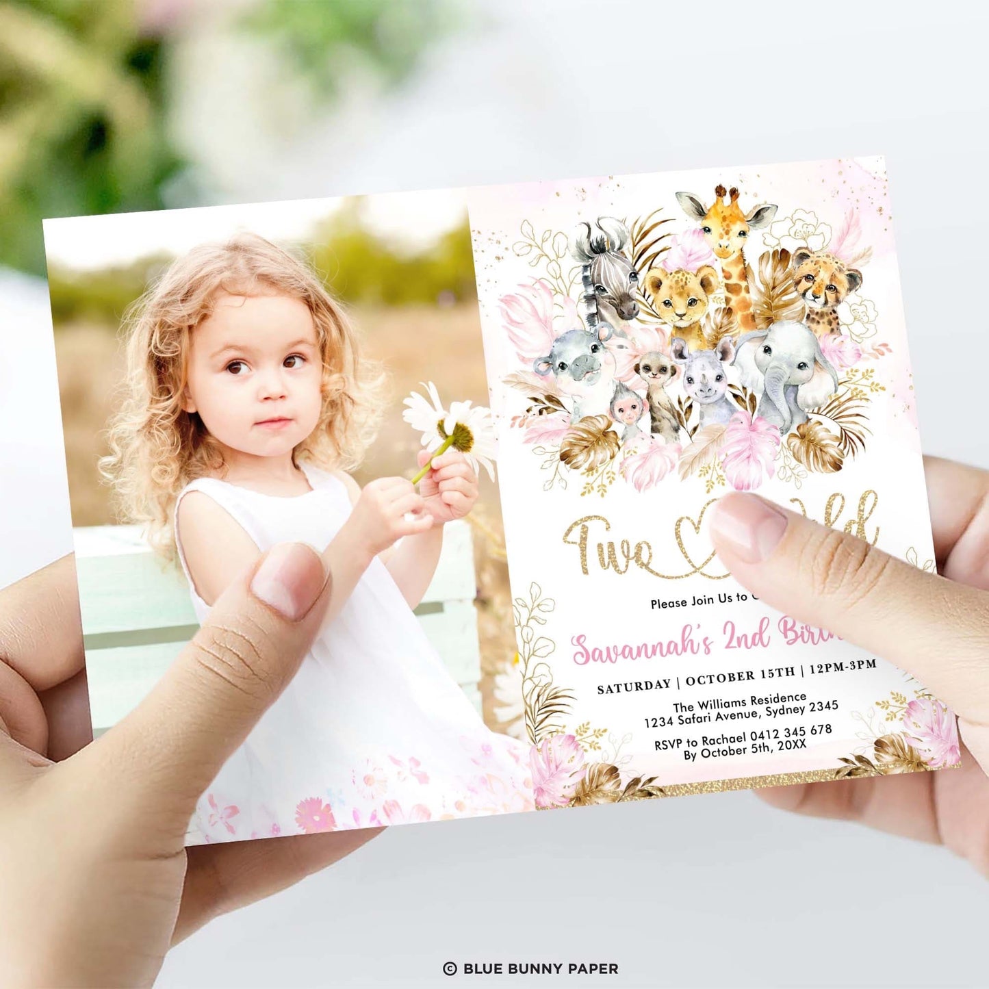 Two Wild Pink Safari Birthday Photo Invitation