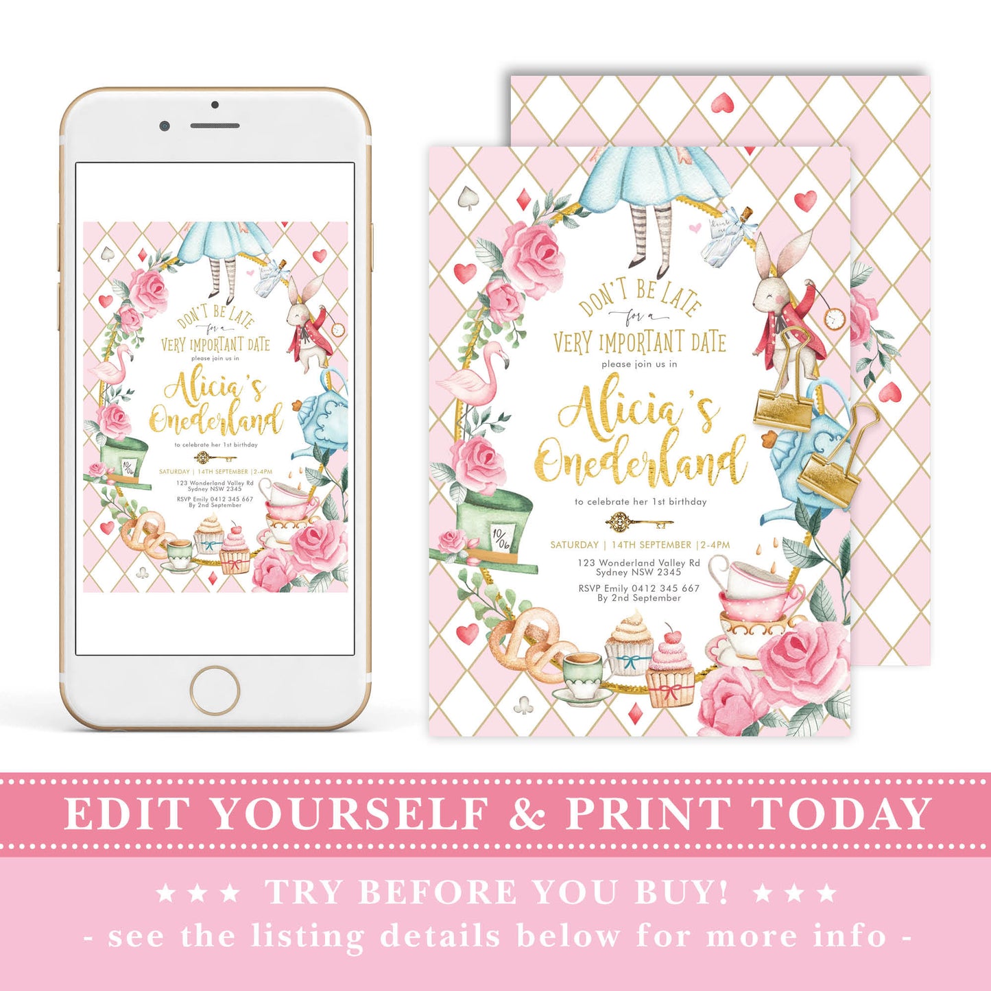 Alice in Wonderland 1st Birthday Invitation
