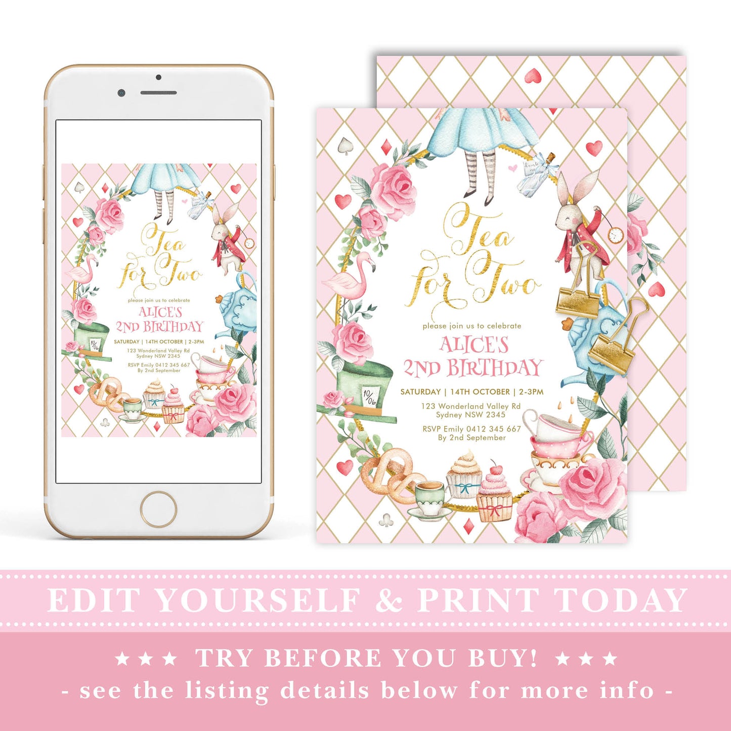 Alice in Wonderland Tea for Two Birthday Invitation