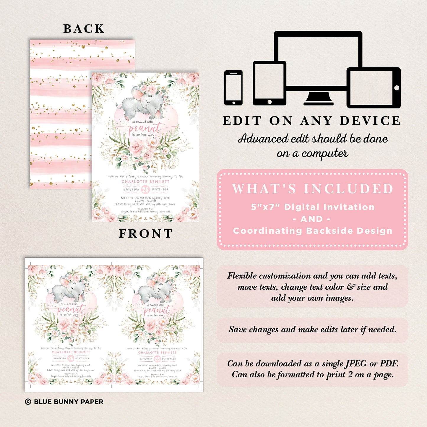 Girl Elephant Baby Shower Invitation