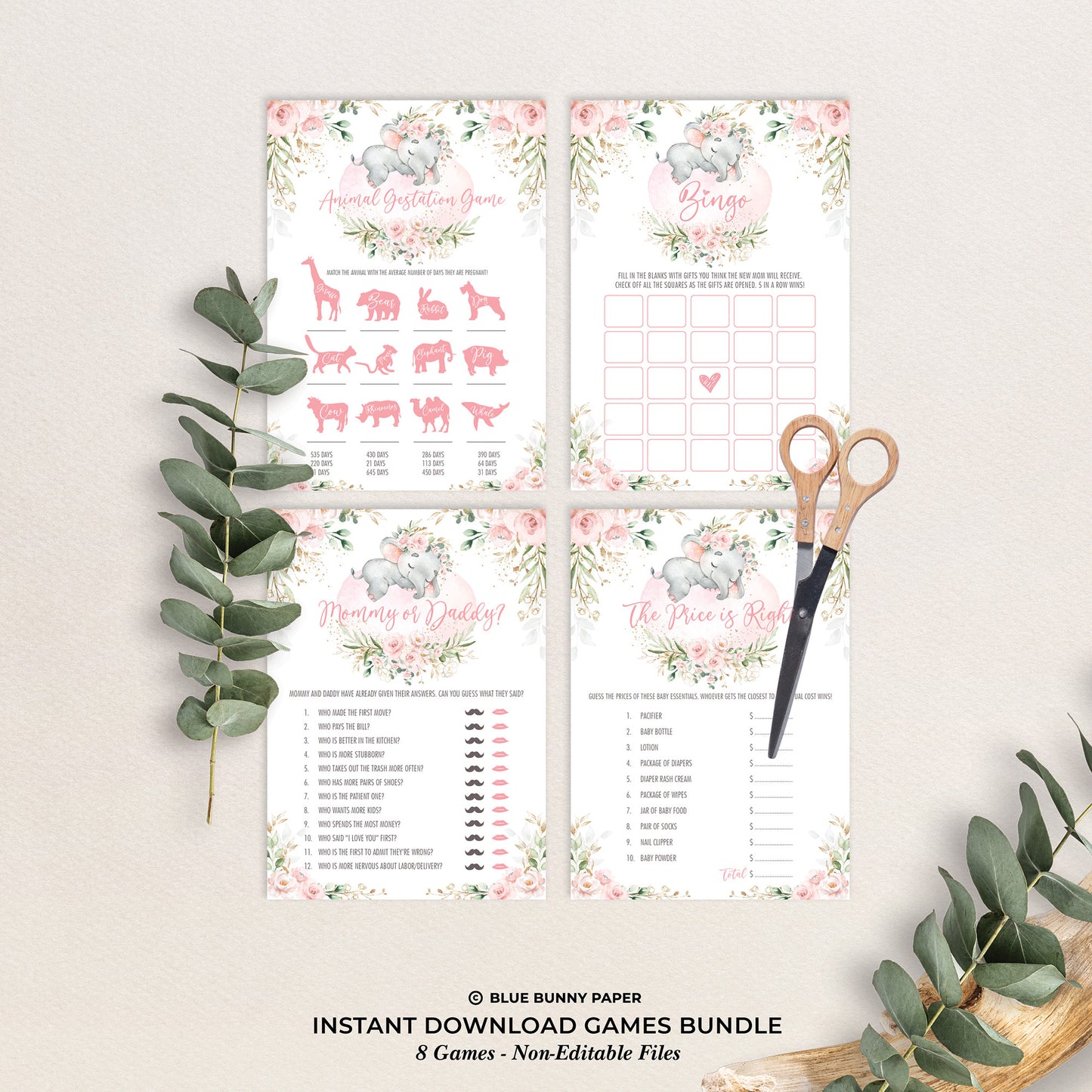 Girl Elephant Baby Shower Games Package